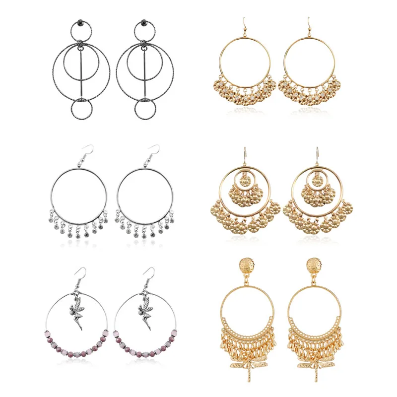 

Euro-American Wind Large Round Gold Silver Dropping Earring Suspended Sequins Tassels Angel Girl Insect Earrings For Women