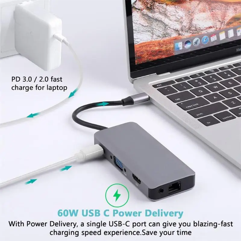 9 в 1 USB-C type C концентратор до 4K HDMI 3,5 мм аудио VGA RJ45 Lan адаптер SD TF кардридер USB 3,0 концентратор для MacBook samsung Galaxy S9
