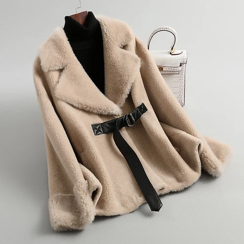 GOURS Winter Women Real Fur Coats and Jackets Natural Wool Clothes Beige Fashion Thick Warm Full Sleeve New Arrival LD903 - Color: Beige