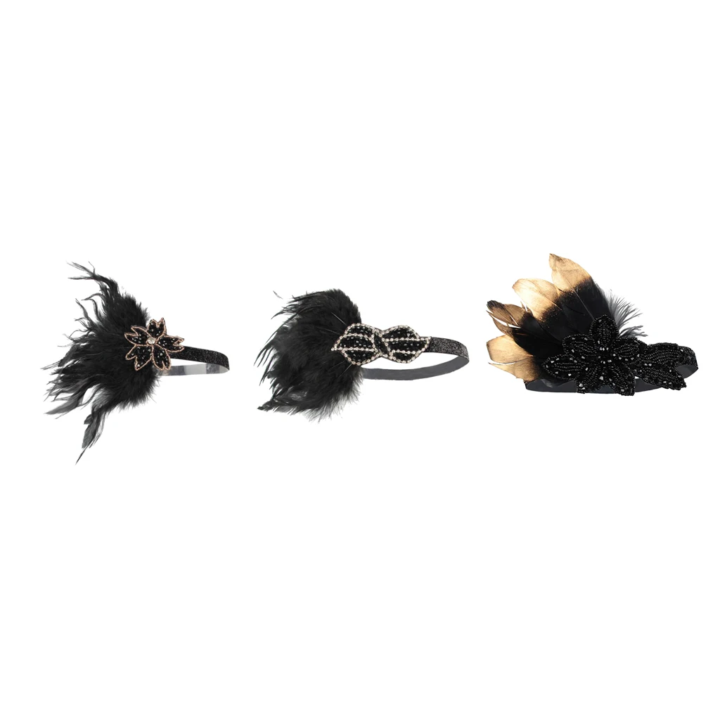 Women's Vintage Feather Headband, Black Rhinestone 20s Flapper Headband - Roaring 1920s Headpiece - Elastic Band