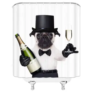 

Dog Shower Curtain, Fun Animal Theme Dog Shower Curtain Set Gentleman Wine Dog Shower Curtain Lined Black Dog Bucket Pug Dog