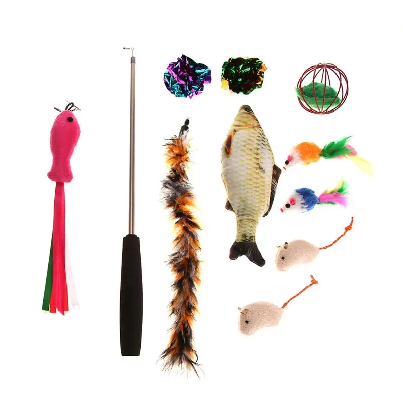 11Pcs Pet Cat Toys Set Retractable Teaser Wand Catnip Fish Feather Balls Mice Toy - Цвет: Красный