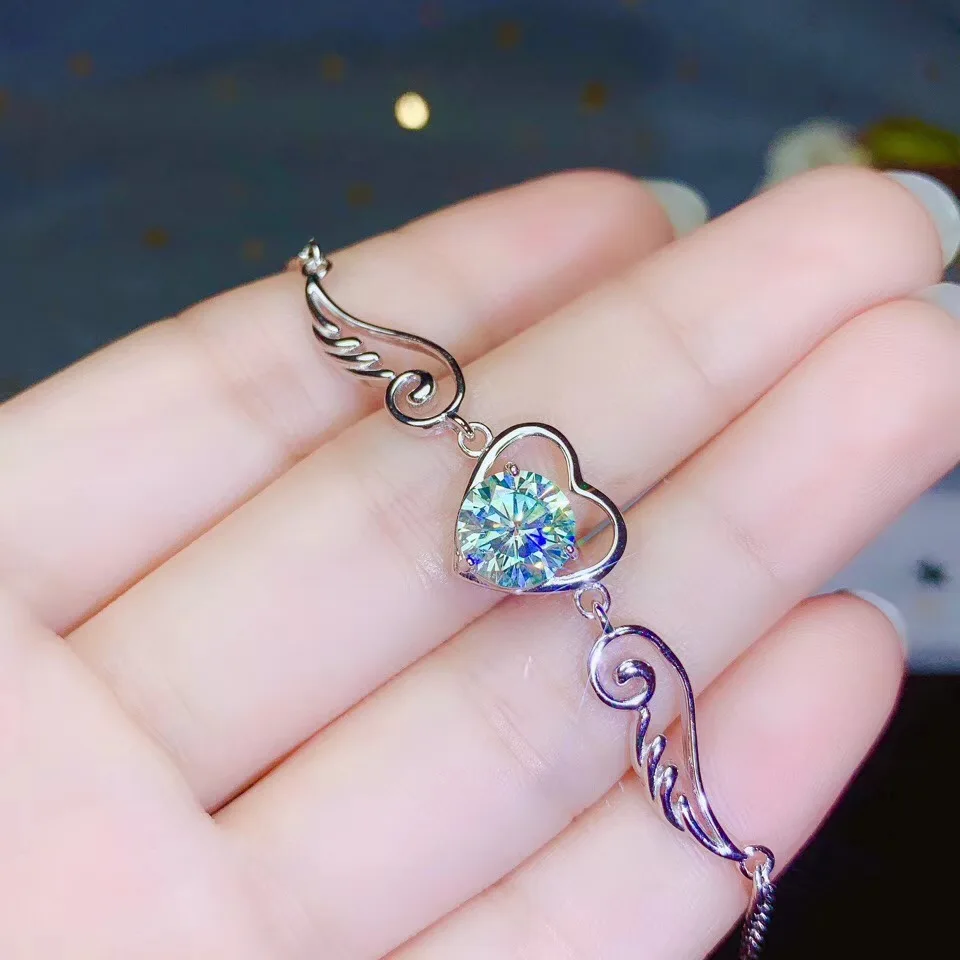 Редкий зеленый Moissanite 2 карат браслет 925 чистого серебра ограниченная ангел крыло сертификат