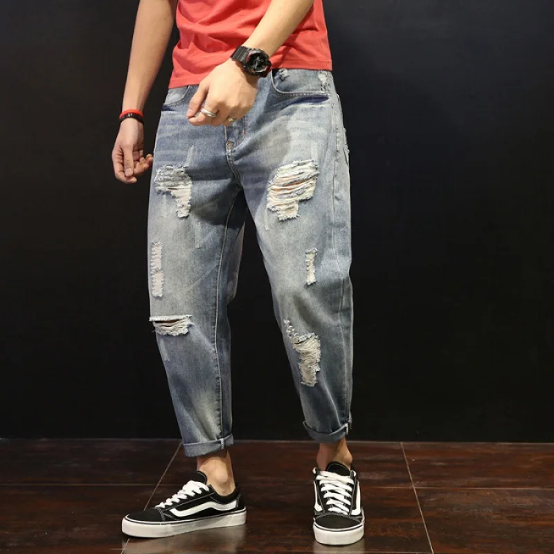 

With Holes New Style Retro Nine Men's Summer Korean-style Teenager Jeans Retro Trend Skinny Pants Large Size 9 Pants