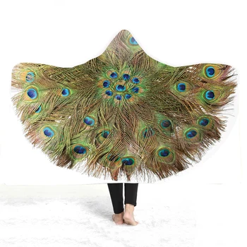 

3D Peacock feathers Hooded Blanket Sherpa Fleece Wearable plush Throw Blanket on Bed Sofa Thick warm B155