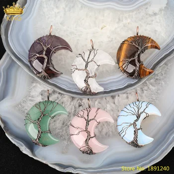 

5pcs Natural Tiger Eye White Quartz Moon-Shape Pendant Jewelry,Wire Wrap Bronze Tree of Life Gemstones Charms For Jewelry Making