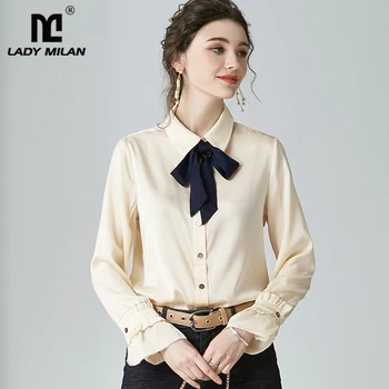

100% Pure Silk Women's Shirt Turn Down Collar Bow Detailing Long Sleeves Ruffles Fashion Office Lady Blouse Shirt