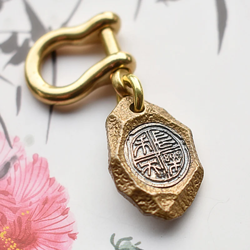 

Jade Pedestal Pendant Pure Copper Pendant Keychain 925 sterling silver inlay Unique personality Chinese retro auspicious totem