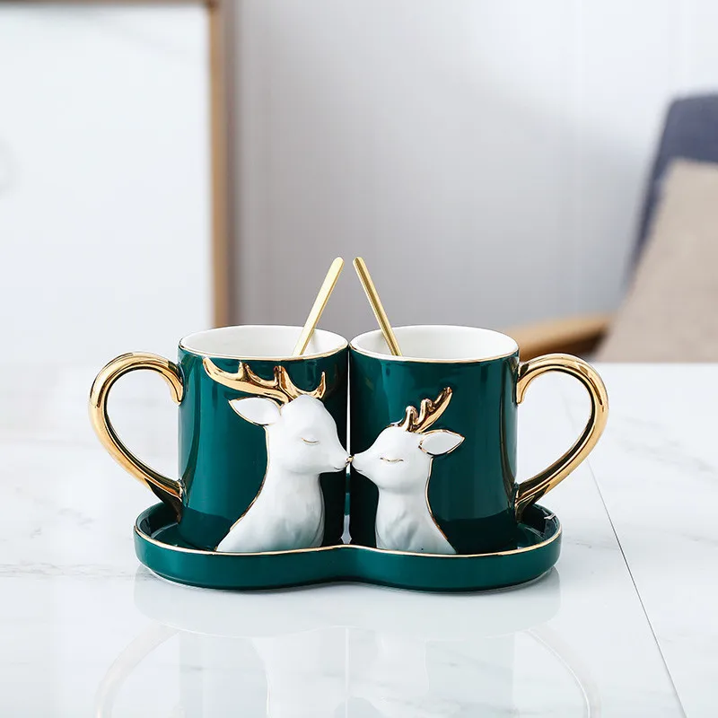 Роскошные креативные кофейные чашки качественная кружка чашка на двоих с крышкой Ложка костяного фарфора керамическая чашка персональные подарки на день рождения на свадьбу - Цвет: Deer
