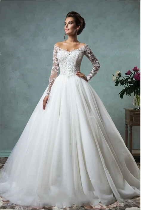

2015 A Line V Neck Long Sleeve Floor Length Chapel Train Lace Appliques Long Wedding Dress 2016 Bridal Gown vestido de noiva W75