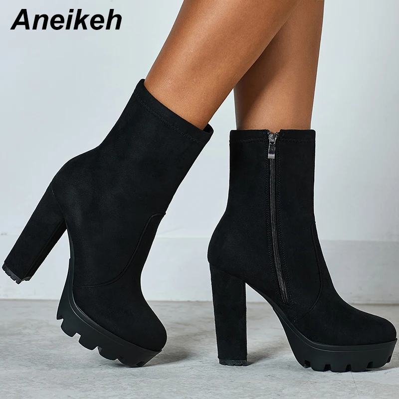 

Aneikeh 2019 Fashion Women Ankle Boots High Heels Faux Suede Boots Zip Pointed Toe Block Heels Chunky Winter Shoes Size 35-42