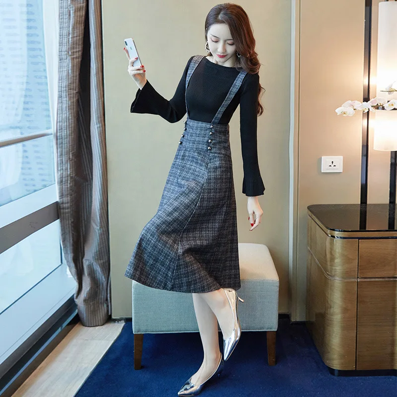 

WOMEN'S Dress 2019 Autumn And Winter New Style Korean-style Fashion Bell Sleeve Sweater Medium-length Skirt Casual Two-Piece Set