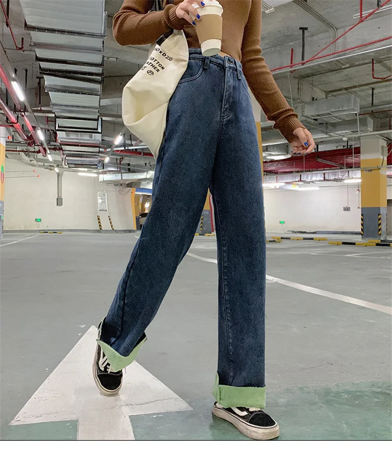 Winter Fleece Wide Leg Pants Women Warm Thicken Jeans Sexy Solid Jean Pants Fashion Loose Denim Trouser Streetpants P9261