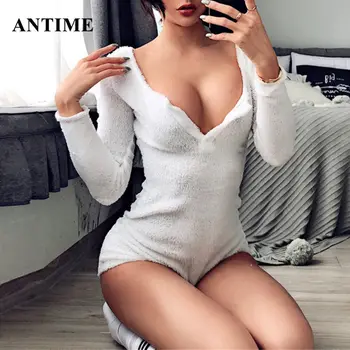 

Antime Sexy Thick Women Bodysuit Fleece Skinny Long Sleeve Solid Button Women Tops Autumn Winter Bodycon Rompers Clothes