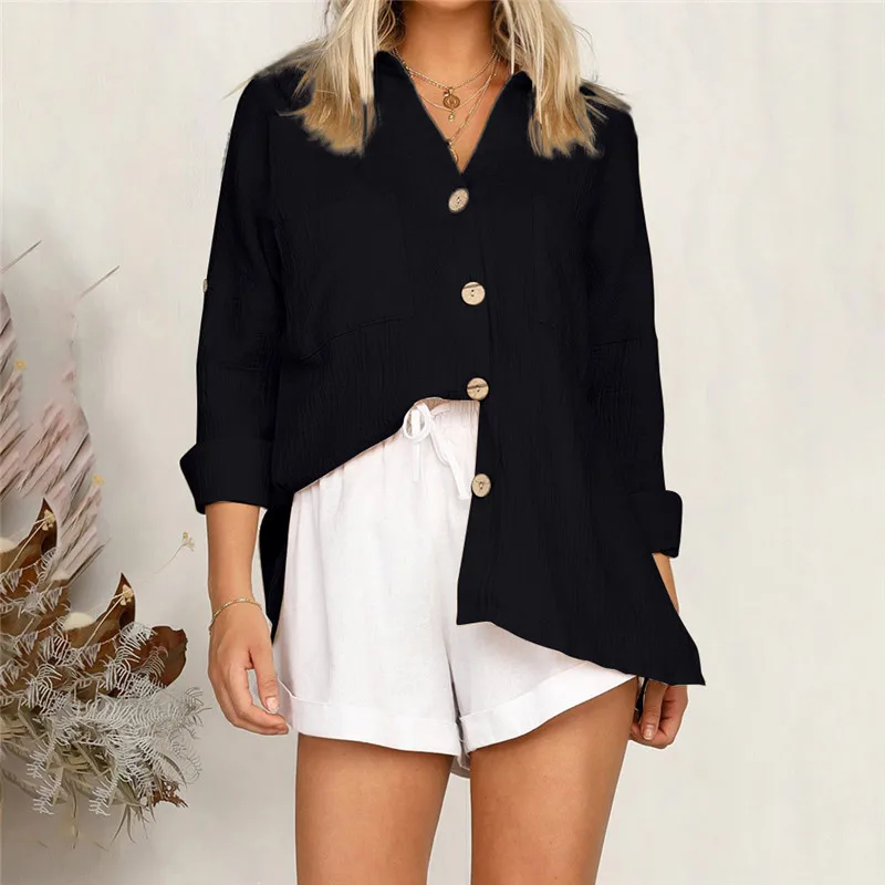 

Women Spring Autumn Shirt Tops Blouse Lady Loose Long Sleeve Pocket Button Shirt Brief Casual Solid Linen Shirt Tops Blouse 5