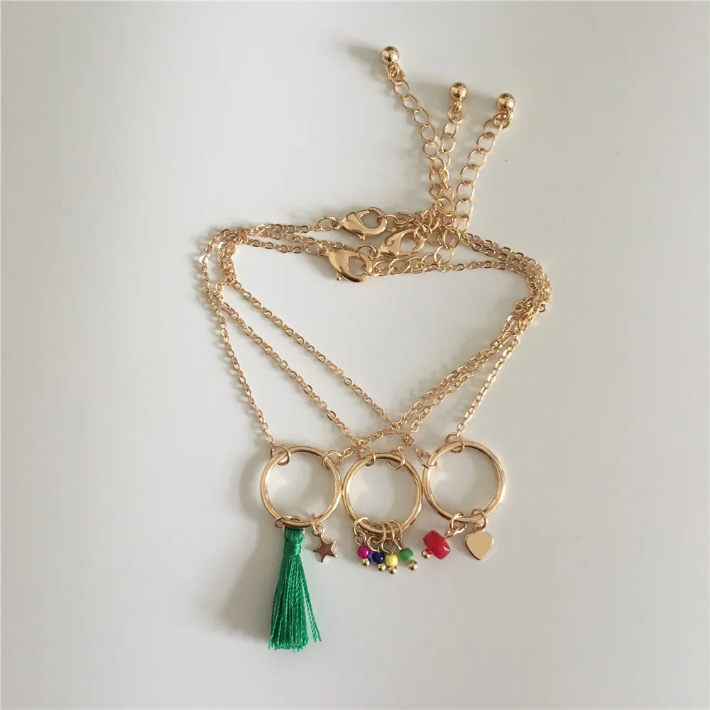 Trendy Gold Color Horn Cubic Bead Strand Natural Sea Shell Drop Layered Cord Chain Colorful Star Tassel Anklet Or Bracelet