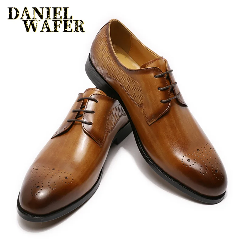 

LUXURY ITALIAN DERBY BROGUE SHOES MEN FASHION PLAID PRINTS LACE UP BLACK BROWN WEDDING OFFICE GENUINE LEATHER FORMAL SHOES MEN