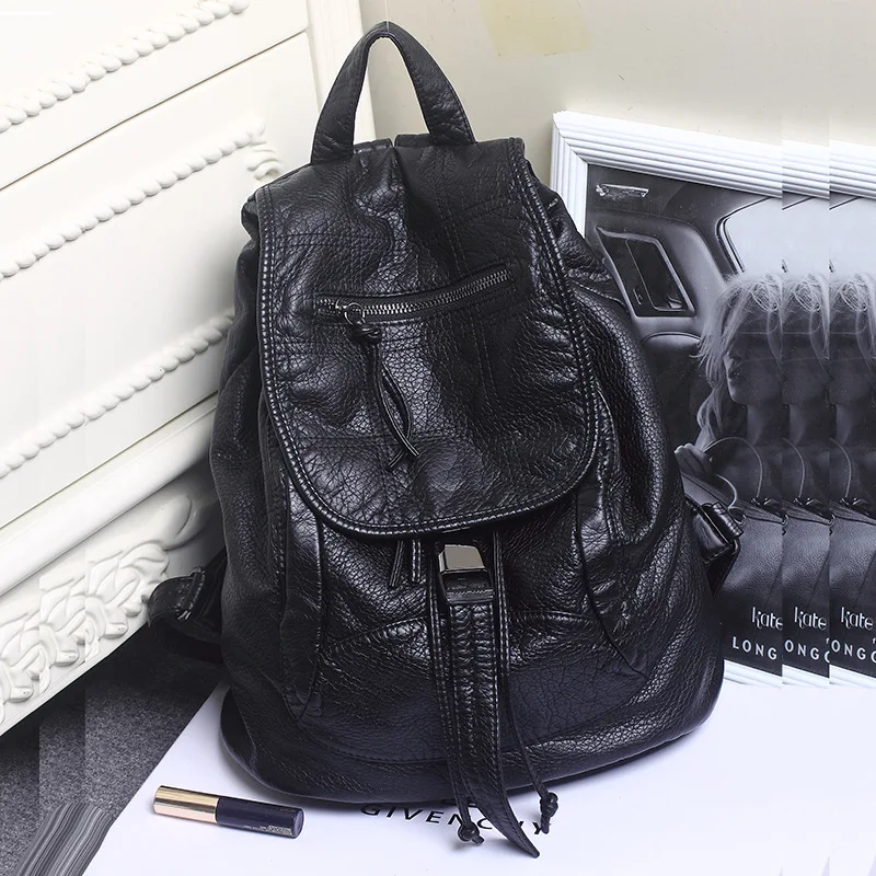 

17 New Style Korean-style Backpack Women's Fashion Soft Leather Backpack Casual Washed Leather College Style School Bag
