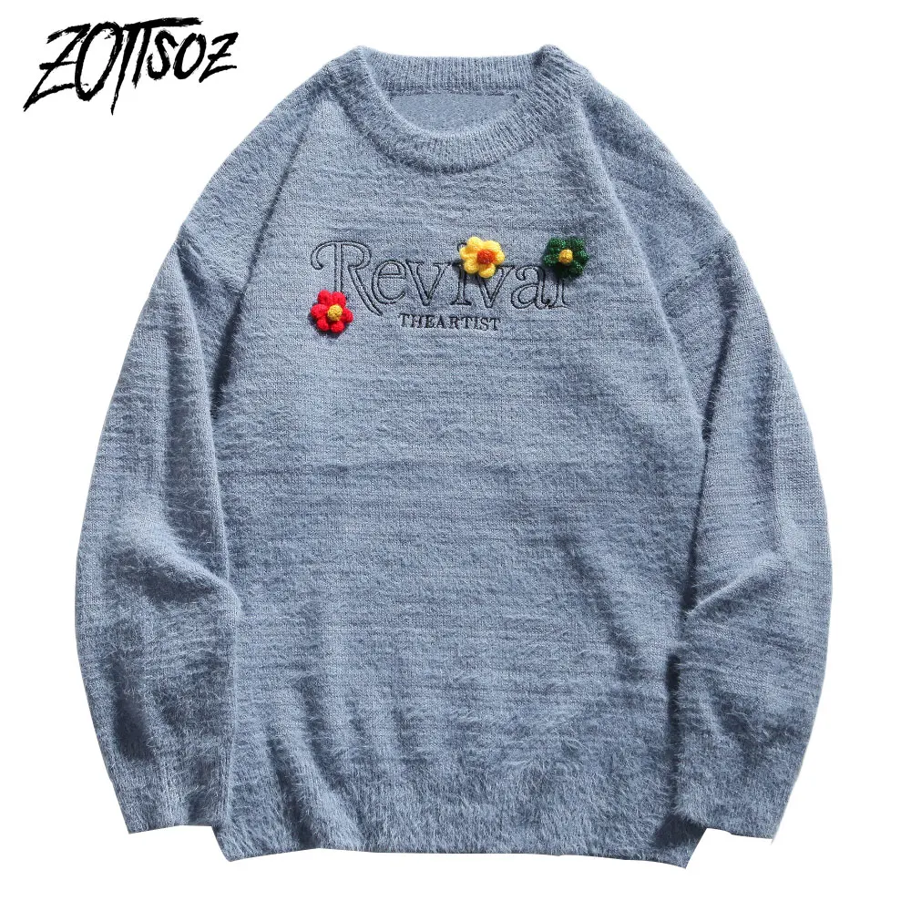 

ZOTTSOZ Pullover Jumpers Streetwear Hip Hop Men Women Knitted Applique Casual Harajuku Punk Rock Sweaters Outwear Knitwear Tops