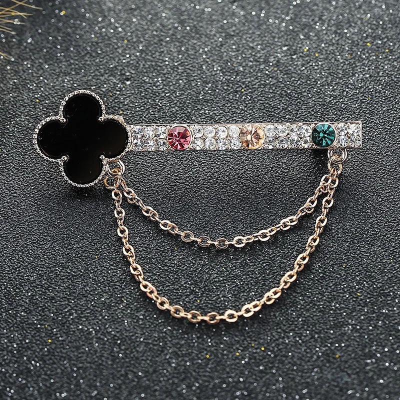 

Korean-style Full of Crystals Tassels Chain Brooch Women's Alloy Clover Collar Pin Scarf Buckle New Style Cross Border Accessori