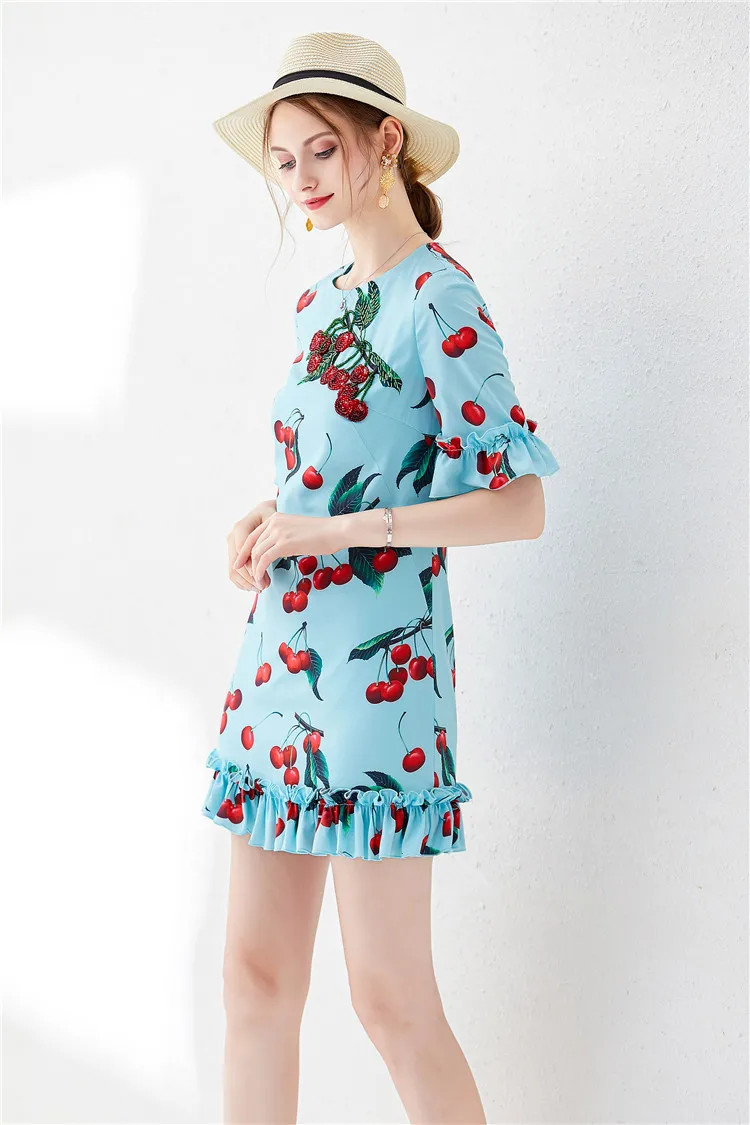 Moonaa liisaa/синее женское платье с принтом вишни, круглым вырезом, женское летнее свободное мини-платье с короткими рукавами и рисунком листьев лотоса