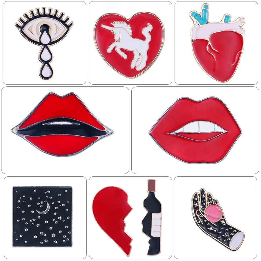 

Red lips enamel pins Small lapel pin art brooches for women girl gift shirt pin soft enamel pins metal brooch