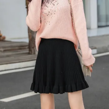 

Female Skirt Women Ruffled Mini Skirt Elastic High Waist Slim Skirt Fashion Casual Knit Skirt