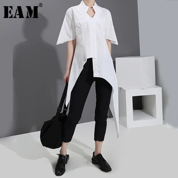 

[EAM] Women White Asymmetrical Split Joint Blouse New V-collar Short Sleeve Loose Fit Shirt Fashion Spring Summer 2020 1S543