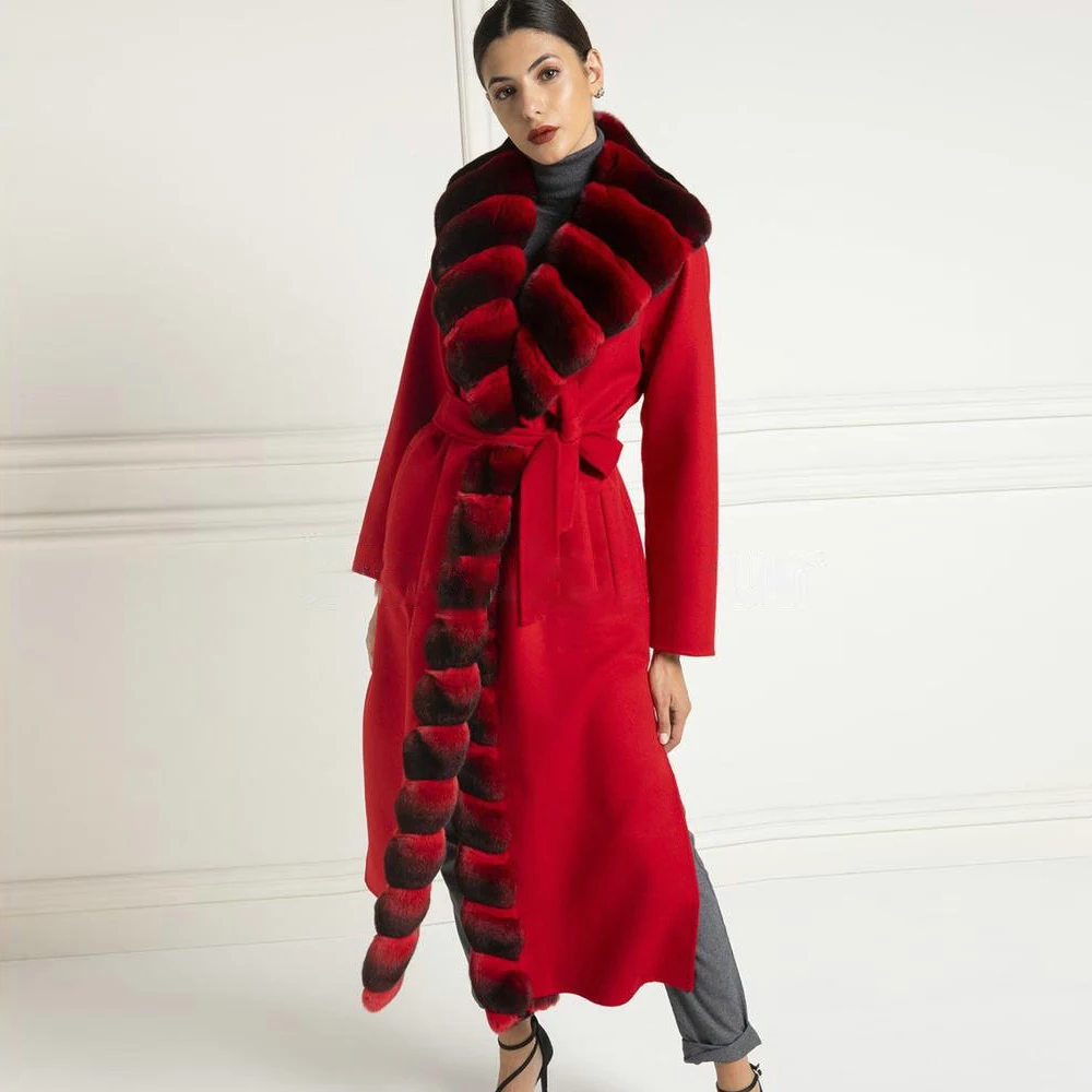 Женское кашемировое пальто, длинное красное пальто из натурального меха кролика Рекс, зимнее модное пальто из смешанной шерсти с воротником из натурального меха кролика Рекс, 2022
