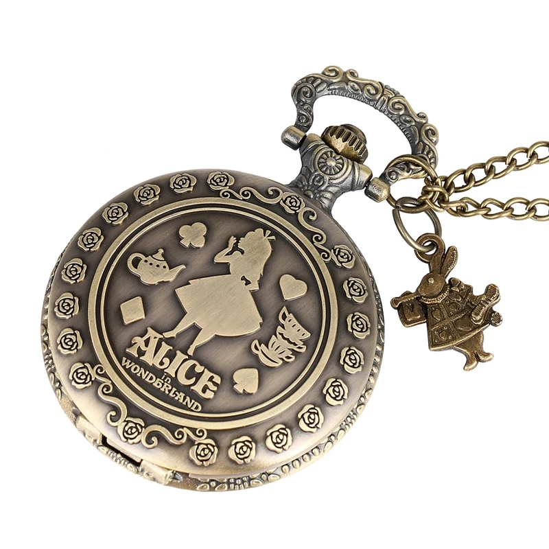 Alice in Wonderland Quartz Pocket Watch Necklace Women's Rabbit Flower Clock Top Luxury Novelty Christmas Gifts Sweater Chain