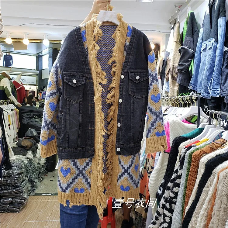 

Long Jacket Coat for Women 2019 New Autumn Winter Fashion Wave Knitted Stitch Denim Loose Casual Street Coat Windbreaker Female