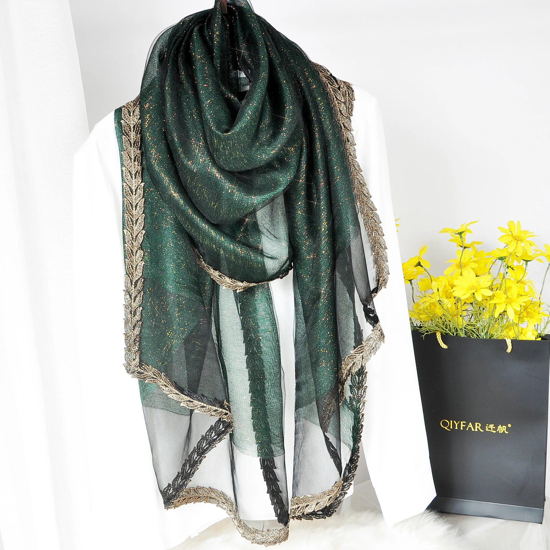 

Scarves women spring and autumn thin Korean double-length shawl embroidered lace silk wool warm scarf mulberry silk silk winter