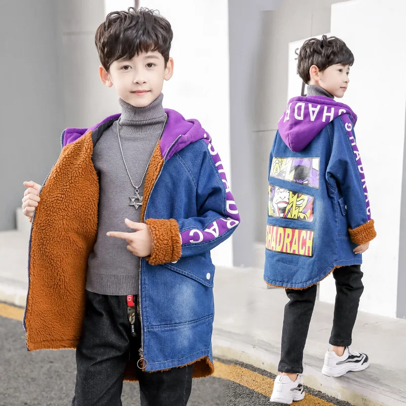 

BOY'S 2019 New Style Autumn And Winter plus Velvet Jacket in Big Kid Thick Jeans Western Style Big Kid Mid-length Ten-Year-Old