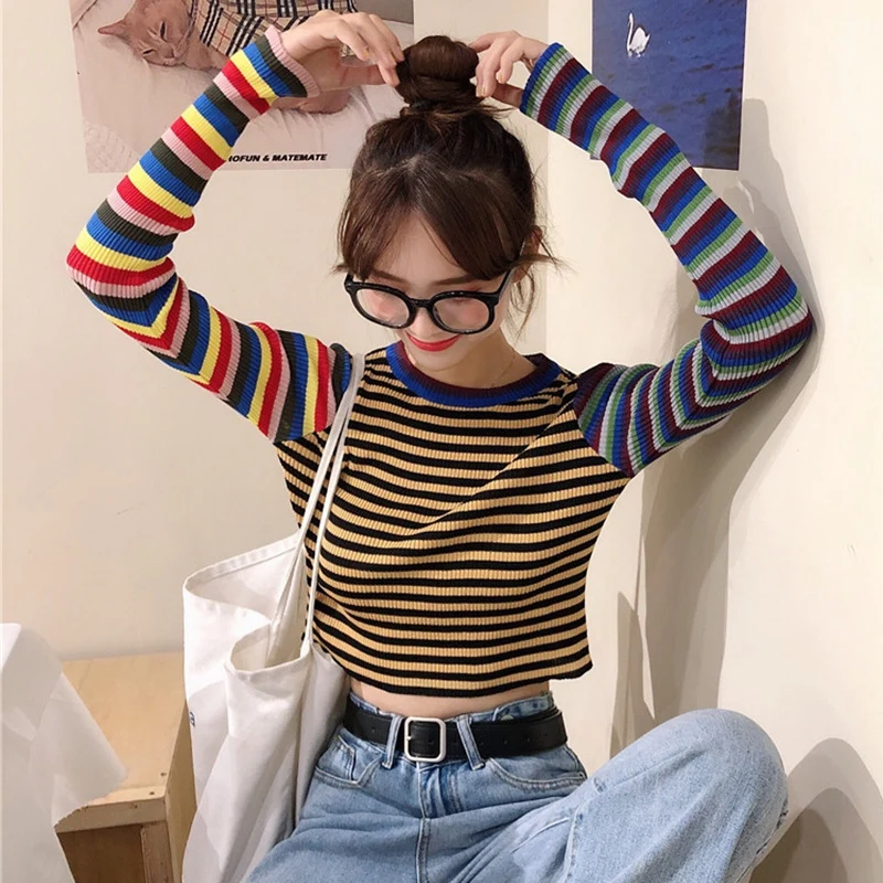 

Striped Knitted T-shirt Womens Clothing Autumn Women Student Wind Casual Wild Slim Short T-shirt Female Long Sleeve T-Shirts