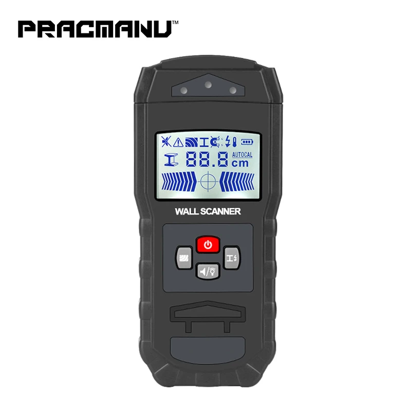 Detector de Metais Pracmanu Retroiluminado Preto Madeira Localizador Cabo Fios Profundidade Trackerundeground Sturs Parede Scanner Lcd hd Display Beep ac