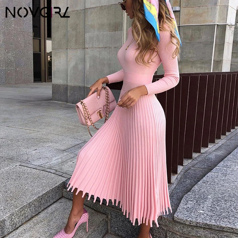 Вязаное Плиссированное Платье миди Novgirl Осень зима 2019 облегающее платье с