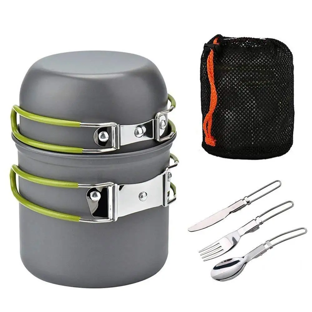 Camp Cooking Pot 4P Set Aluminium Alloy Outdoor Lunch Box Portable Tableware Camping Pots Panela Cutlery Set Outdoor Kitchenware - Цвет: Зеленый