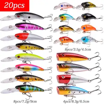 

20pcs Mixed Fishing Lure Kits Crankbait Minnow Popper Bass Baits Wobbler Lifelike Fake Carp Fishing Lure Set Bait Tackle
