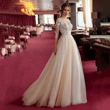 

Champagne A Line Wedding Dress Sweep Train Bridal Gown For Woman Illusion Tulle Back 3/4 Sleeves Simple Bride Engagement Party