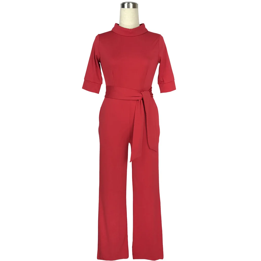 Элегантная для работы в офисе одежда деловые комбинезоны женские с коротким рукавом карманы широкие брюки комбинезон Модный комбинезон с поясом - Цвет: red