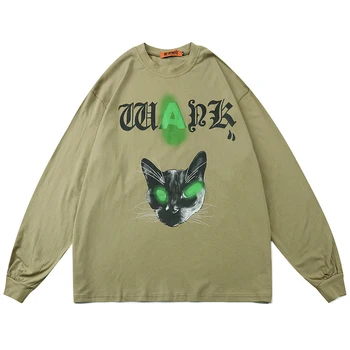 

Mens Dark Style Cat Print T Shirts Long Sleeve Oversize Pullover Unisex Hoodie Autumn Male Harajuku 100%Cotton t shirts