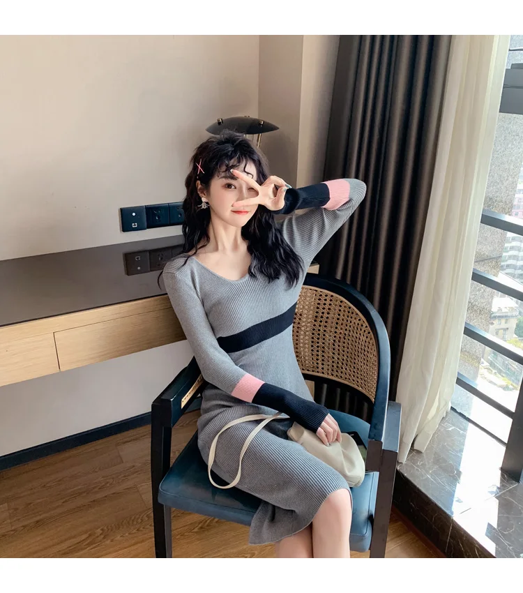 HAYBLST Brand Womens Sweater Dress Fall Winter Sexy Vestidos Kawaii Elegant Korean Style Long Sleeve Knitting Slim Clothing