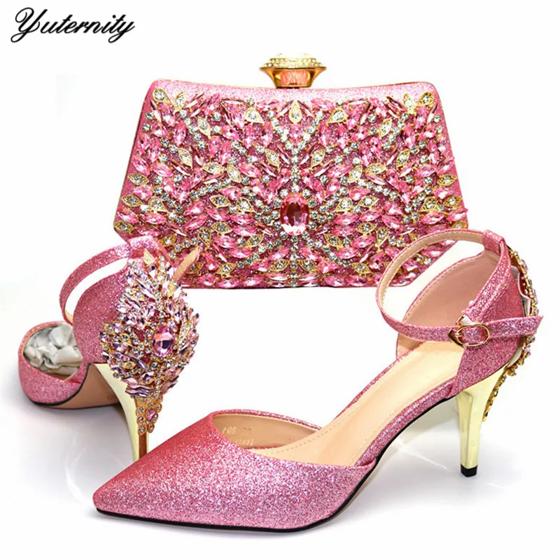 

Yuternity High Quality Luxury High Heels 8CM Shoes And Bag Set African Design Pretty Stones Shoes And Bag Set For Wedding Party