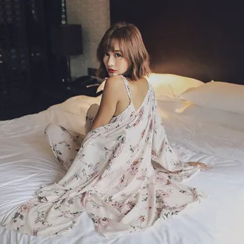 

Leaf Printed Pajamas Set Cotton Vest +Top + Long Pants suits 3 Piece Spring Summer Women Pajamas Sets Female Night Suit Set