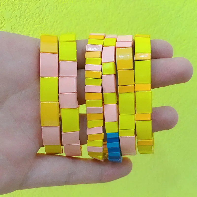 

JUST FEEL Fashion Charm Painted Bangle Bracelet For Women Homme Jewelry Stackable Colorful Elastic Stretch Enamel Tile Bracelet