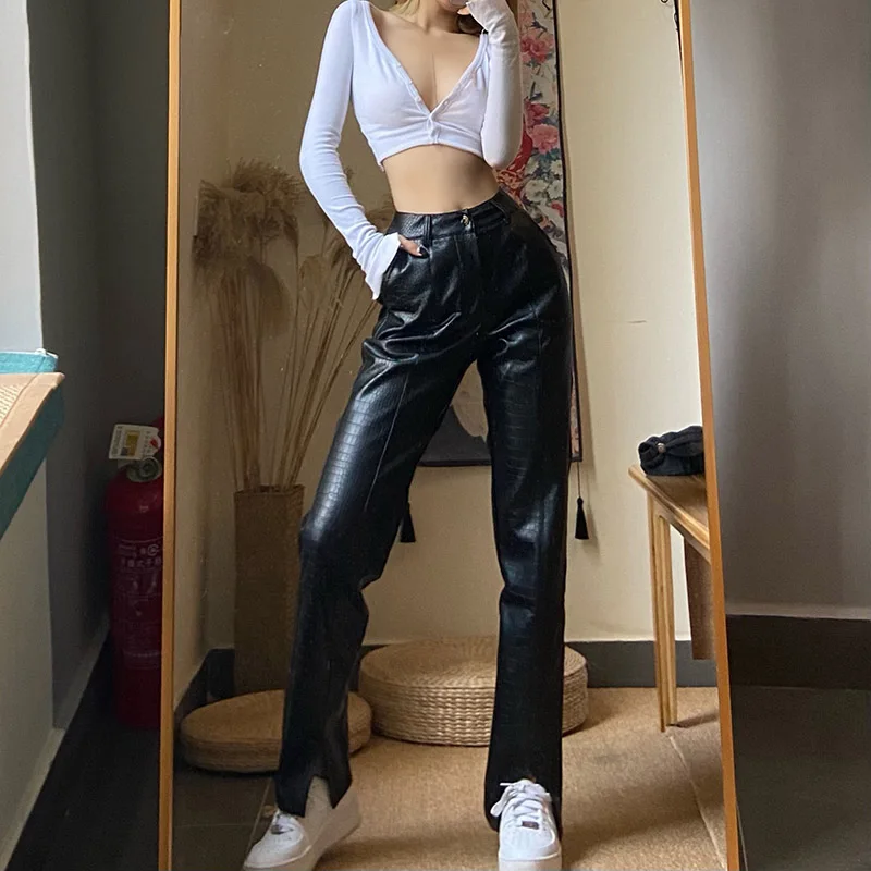 Women's pants Black Faux Leather Pants Lady PU Loose Pencil Trousers Streetwear Fashion Elegant High Waist Straight Female Pants 1