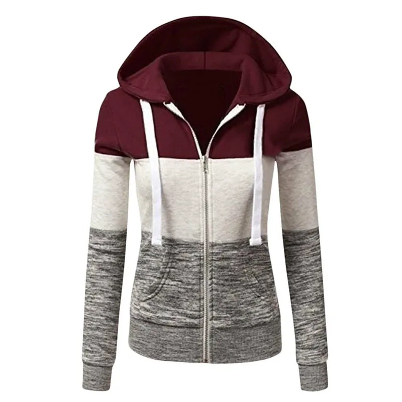 Chaqueta con capucha con cremallera para mujer, sudadera holgada de retales, abrigo de moda de manga larga de gran tamaño, sudaderas con bolsillos con cordón