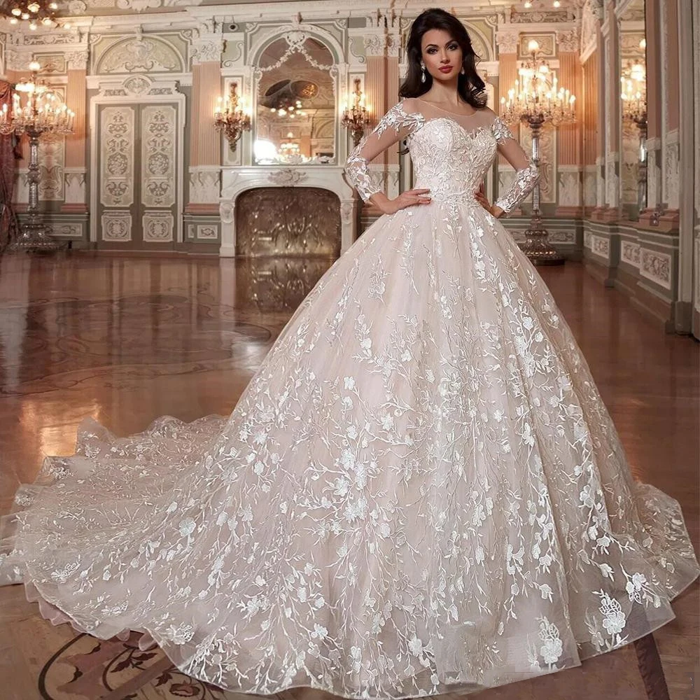 

Luxury Lace Appliqued Wedding Dresses Bridal Gowns 3D Flowers Beaded Long Sleeve Sexy Marriage Dresses Vestidos De Novia
