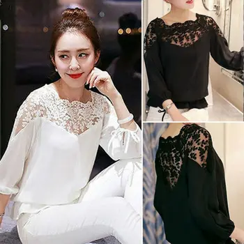 

Newest Fashion Women Summer Long Sleeve Shirt Casual Loose Tops Solid Blouse Lace Tee Formal