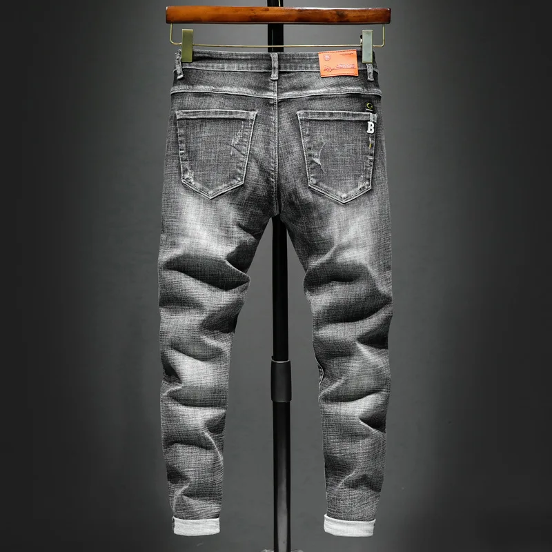 Korean Style Fashion Men Jeans Gray Slim Fit Elastic Denim Casual Pants Elastic Jeans White Washed Designer Hip Hop Jeans Men